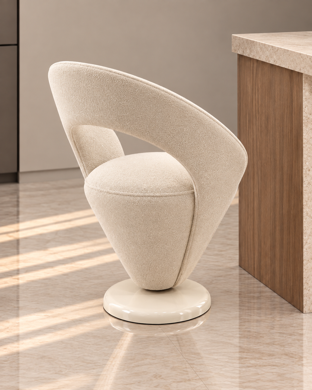 Vela Sculpted Swivel Bar Stool in ivory bouclé rear three-quarter view by Z Galleria