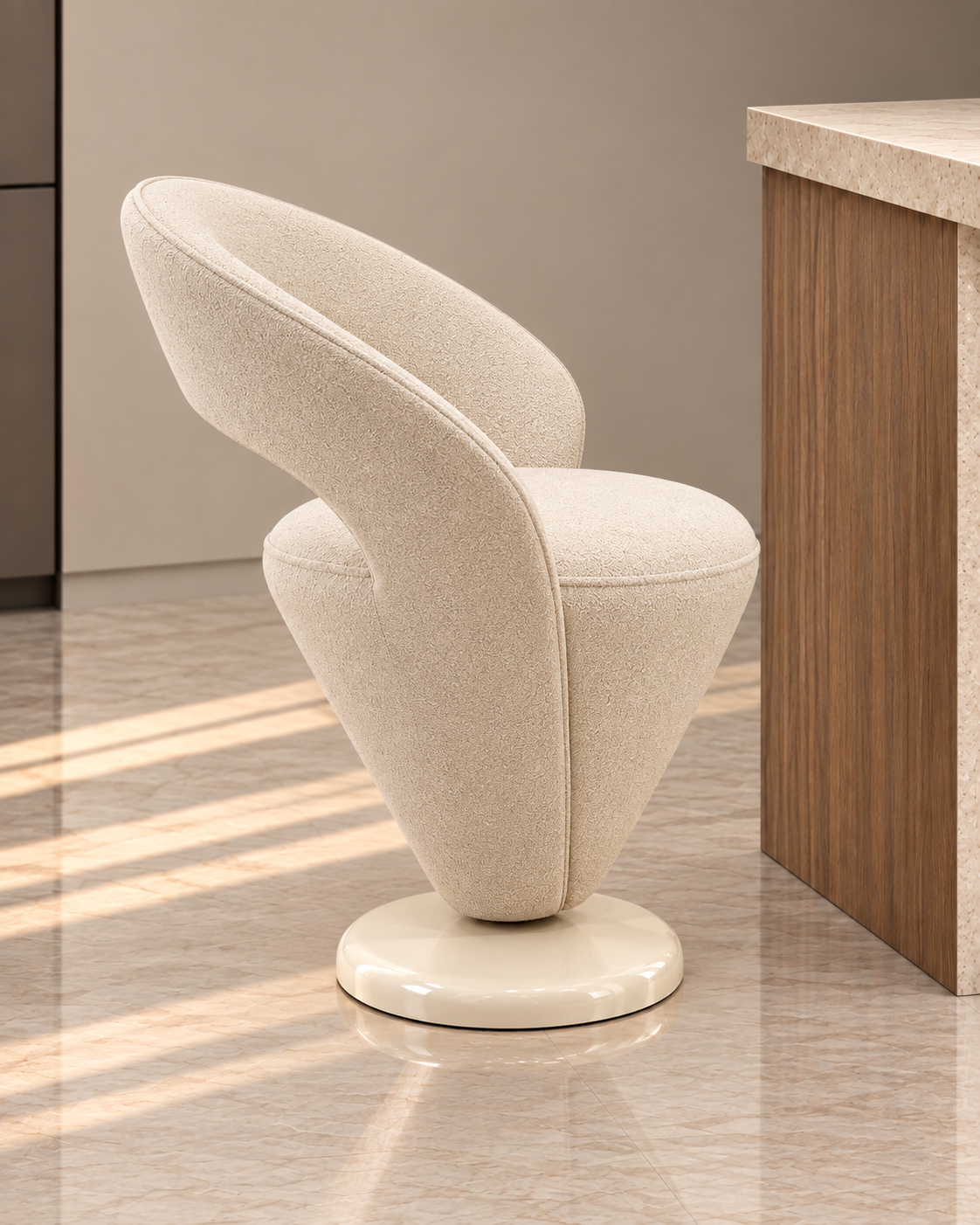 Vela Sculpted Swivel Bar Stool in ivory bouclé side view by Z Galleria