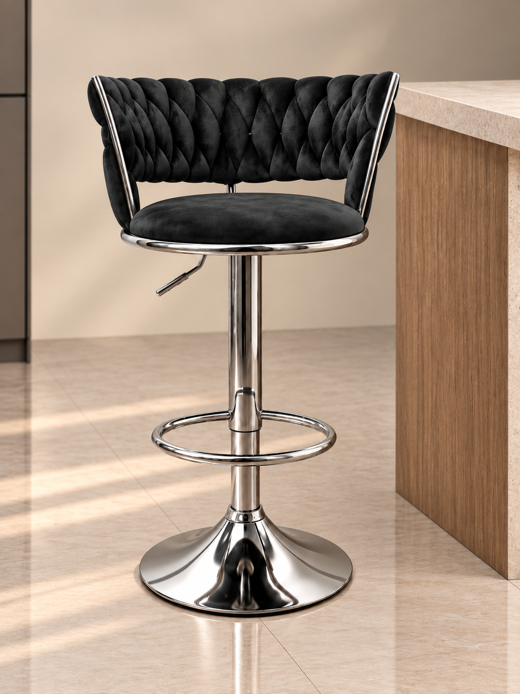 Vela Tufted Bar Stool in black velvet with polished chrome MS frame