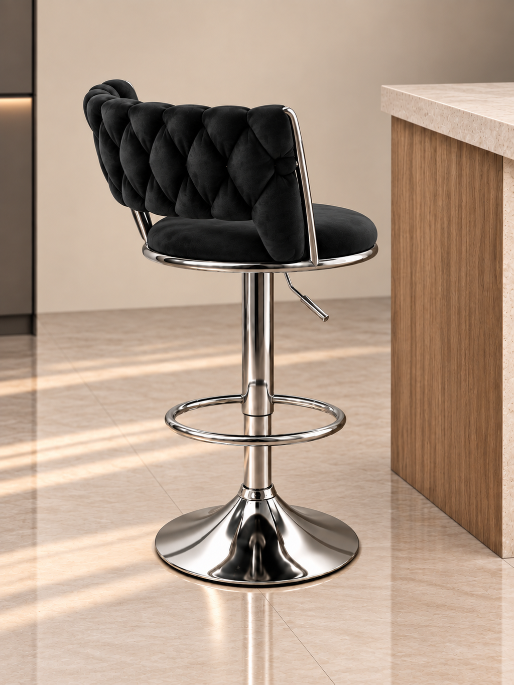 Vela Tufted Bar Stool chrome finish three quarter view in black velvet