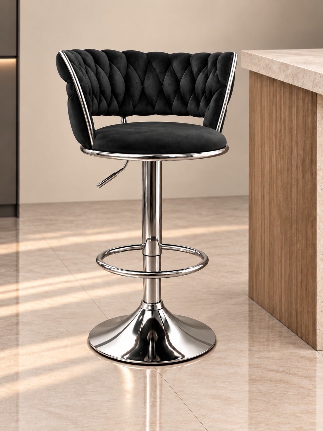 Vela Tufted Bar Stool front view with black velvet upholstery and chrome MS frame
