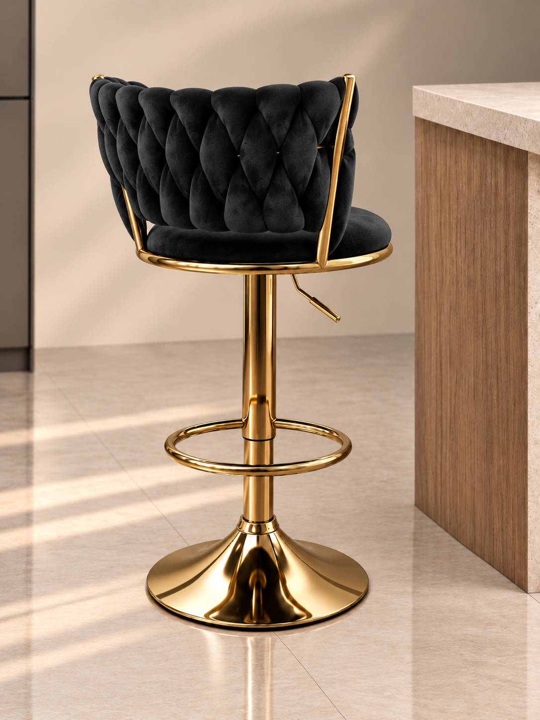 Vela Tufted Bar Stool in black velvet with polished gold MS frame