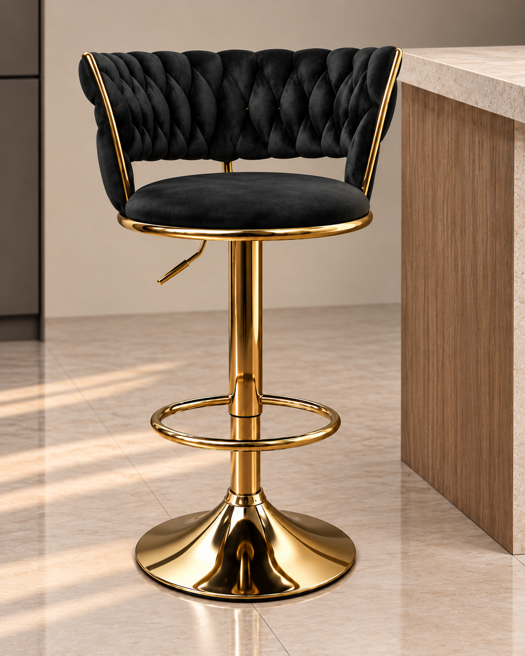 Vela Tufted Bar Stool gold MS frame three quarter view in black velvet