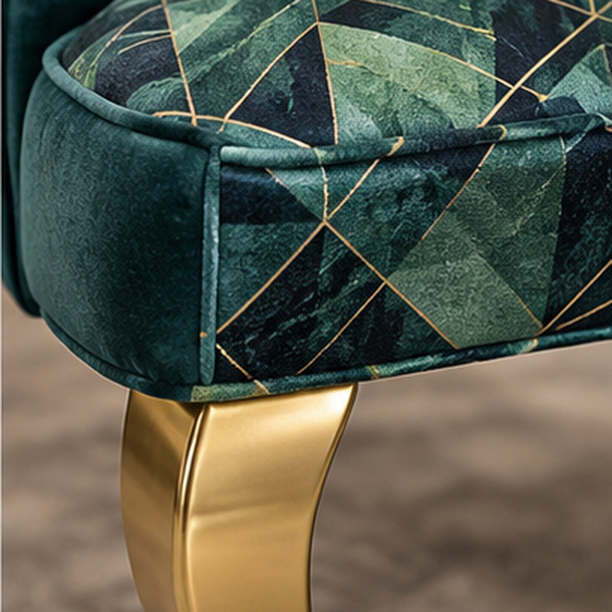 Velvet & Geometric Pattern Accent Chair velvet, geometric upholstery and gold leg close-up