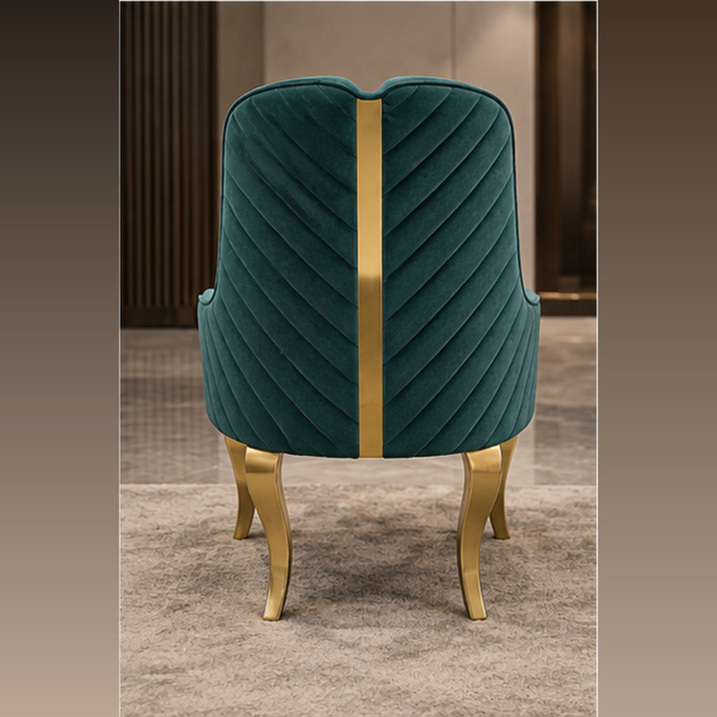 Velvet & Geometric Pattern Accent Chair rear view with quilted teal velvet back and central gold strip