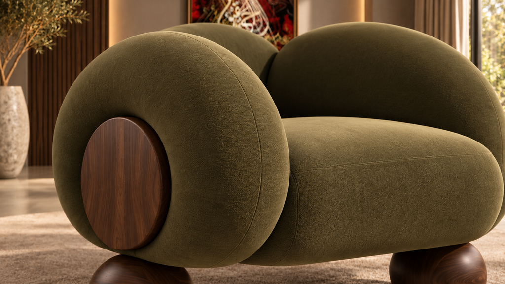 Close-up of olive boucle upholstery on Verdant Orbit Lounge Chair
