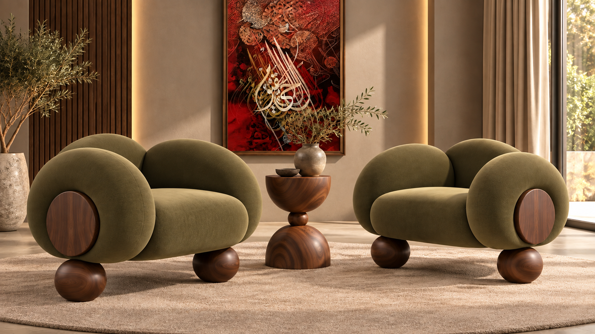 Verdant Orbit sculptural lounge chair with olive boucle upholstery and solid wood detailing