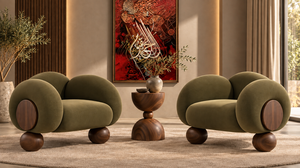 Verdant Orbit Lounge Chair in olive boucle with solid wood accents - Z Galleria