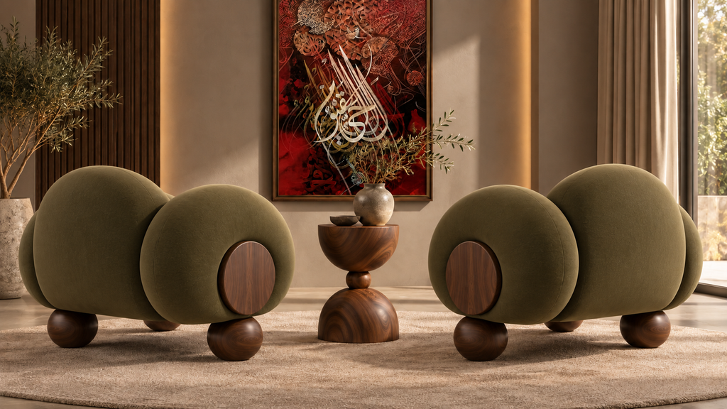 Rear three-quarter view of Verdant Orbit Lounge Chair with rounded boucle form