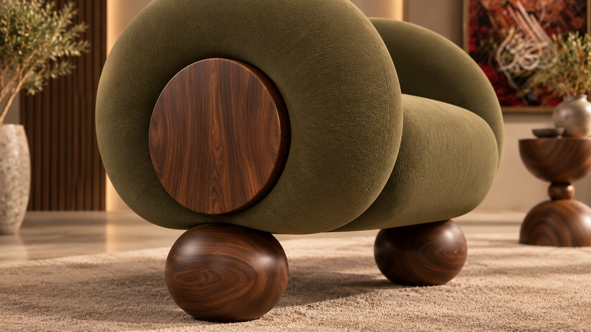 Close-up of polished solid wood side accent and spherical leg on Verdant Orbit Lounge Chair