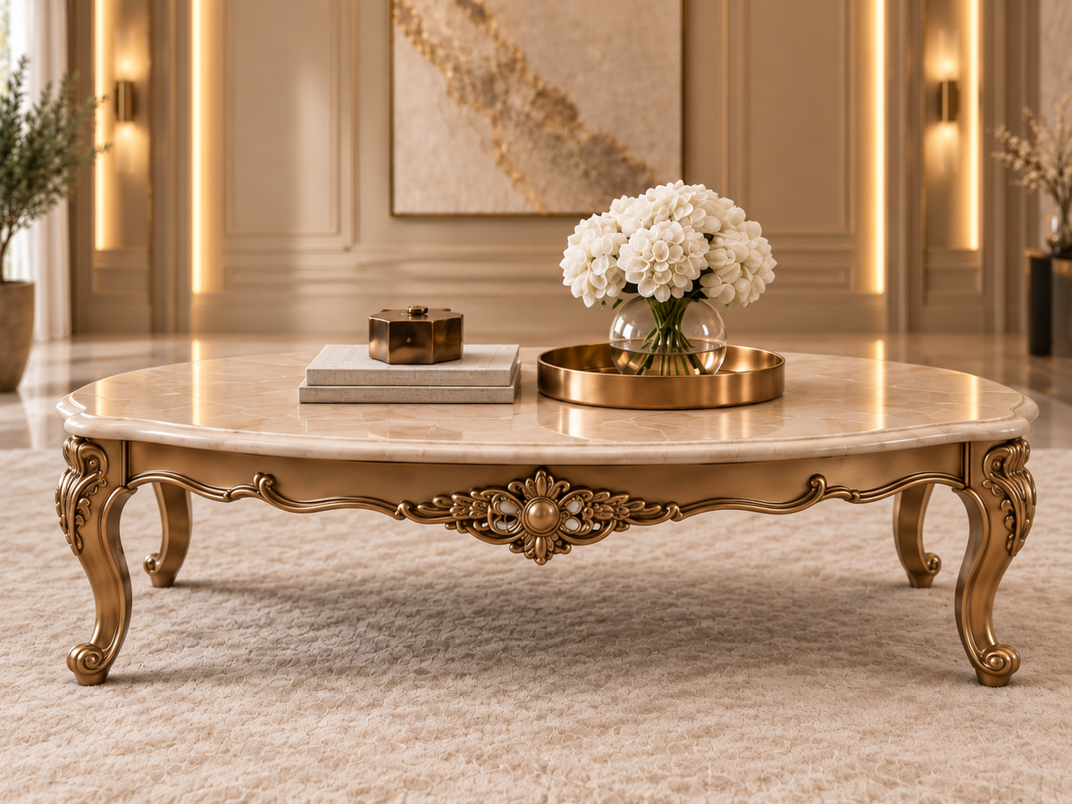 Verdelle Crest centre table with solid wood structure, carved detailing and marble top - Z Galleria
