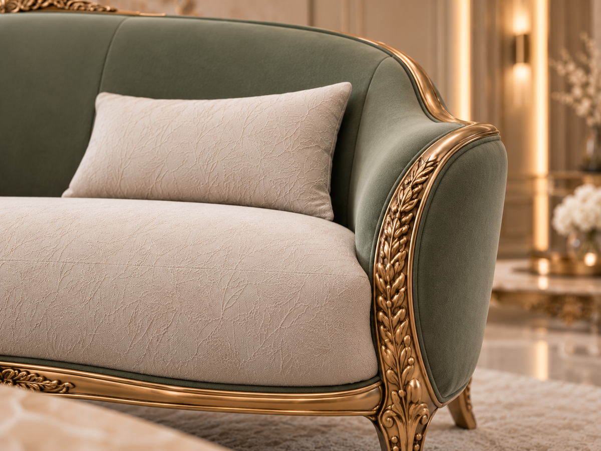 Close-up of Verdelle Crest sofa velvet upholstery, ivory seat fabric and carved solid wood detailing