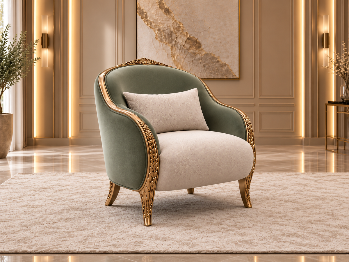 Verdelle Crest one-seater sofa chair in sage velvet with ivory seat and carved solid wood detailing