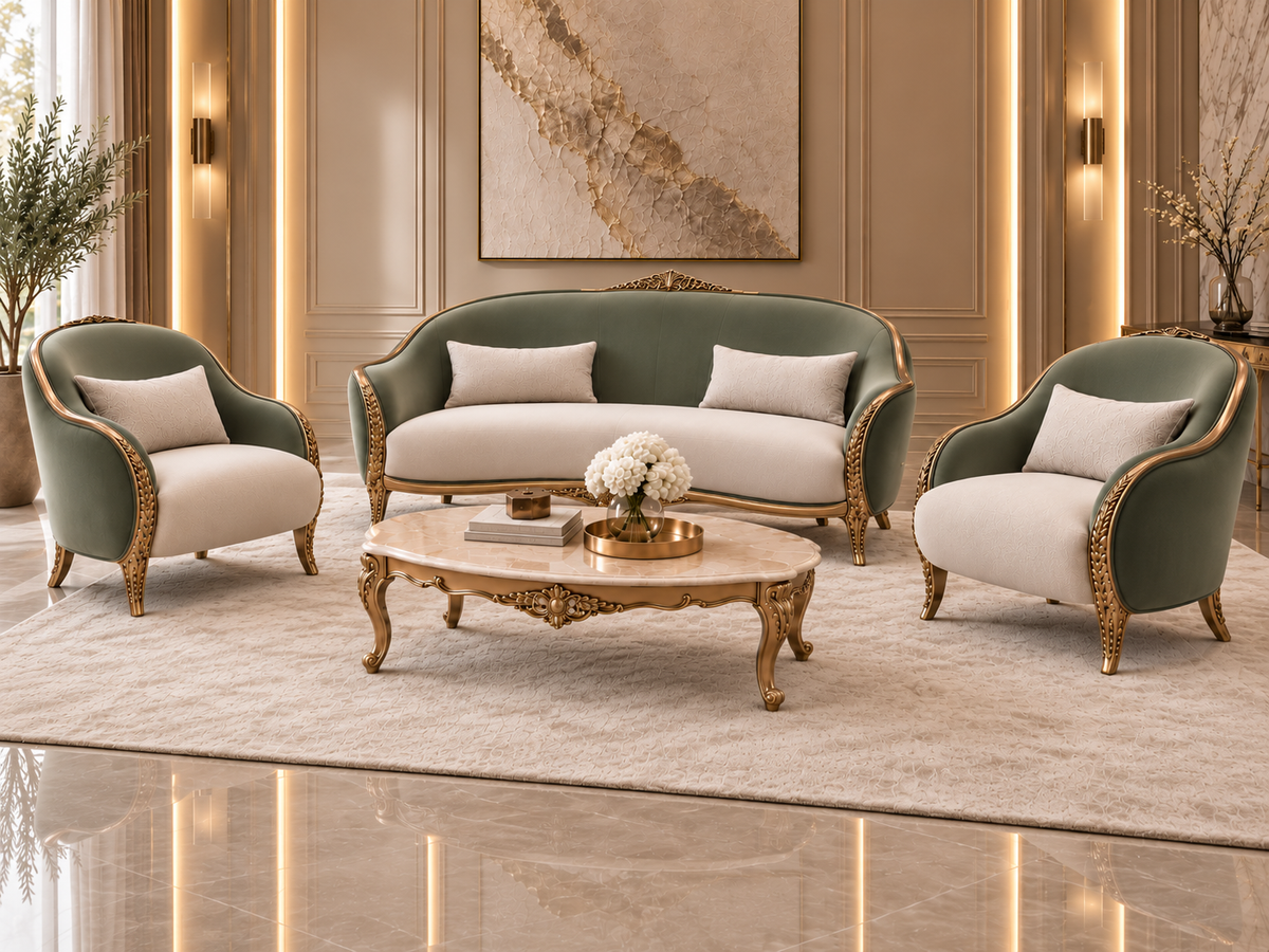 Angled view of Verdelle Crest Sofa Set with sage velvet upholstery, ivory seats and carved solid wood frame