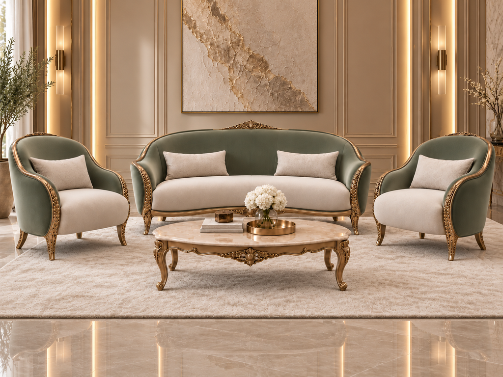 Verdelle Crest Sofa Set in sage velvet with ivory seating, carved solid wood detailing and matching marble-top centre table - Z Galleria