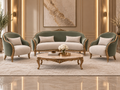 Verdelle Crest Sofa Set in sage velvet with ivory seating, carved solid wood detailing and matching marble-top centre table - Z Galleria