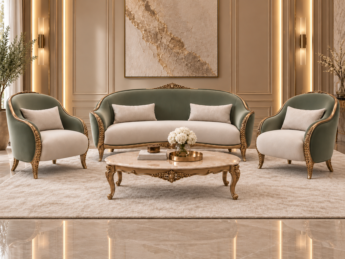 Verdelle Crest Sofa Set in sage velvet with ivory seating, carved solid wood detailing and matching marble-top centre table - Z Galleria