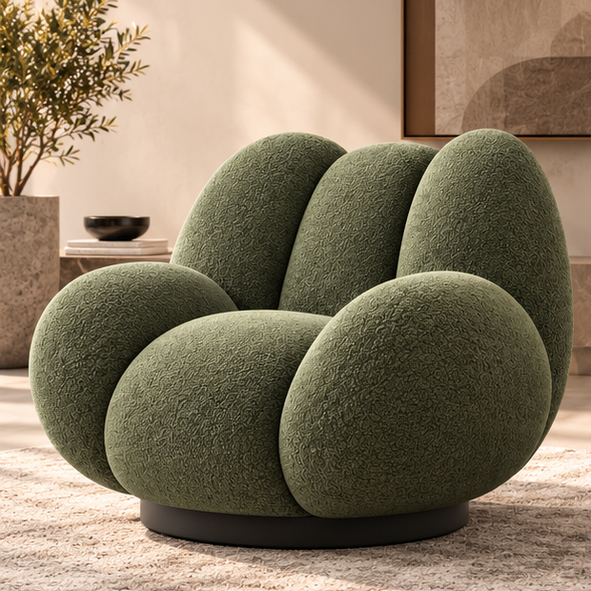 Verdure Petale Lounge Chair three-quarter view in moss green boucle - Z Galleria