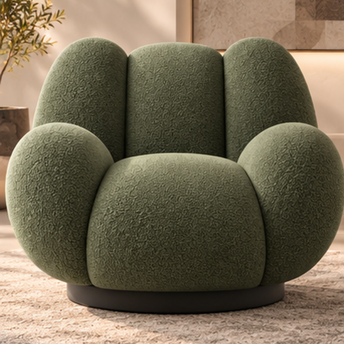 Verdure Petale Lounge Chair front view with rounded petal cushions and boucle upholstery