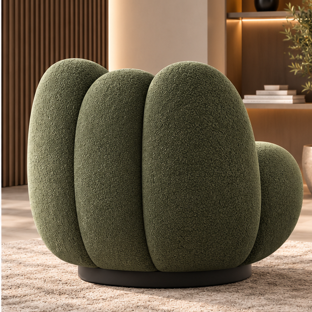 Rear view of Verdure Petale Lounge Chair showing sculptural petal back in moss green boucle