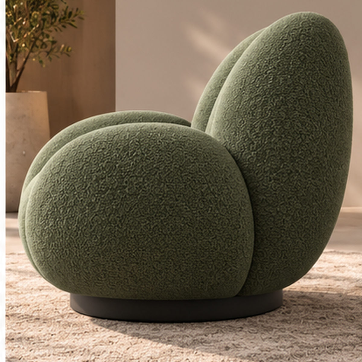 Side view of Verdure Petale Lounge Chair in moss green boucle upholstery