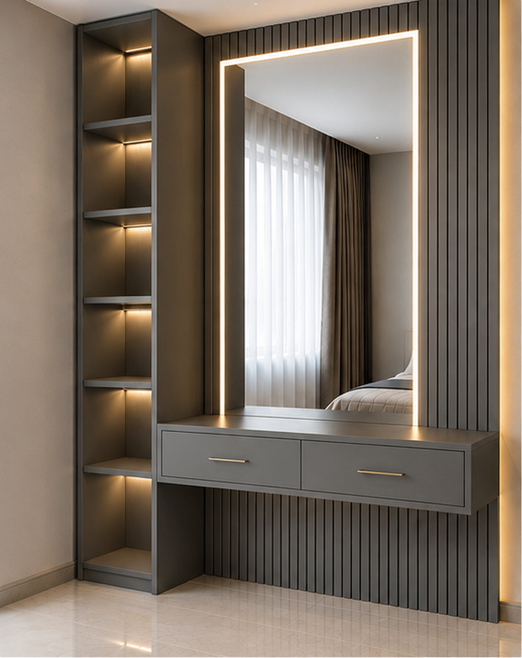 Veyra Frame Vanity Wall dark grey MDF hero view with illuminated mirror and floating console by Z Galleria