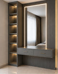 Veyra Frame Vanity Wall dark grey MDF hero view with illuminated mirror and floating console by Z Galleria