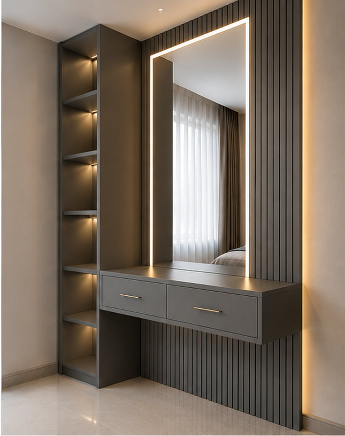 Veyra Frame Vanity Wall dark grey MDF angled view with LED mirror and illuminated shelving by Z Galleria