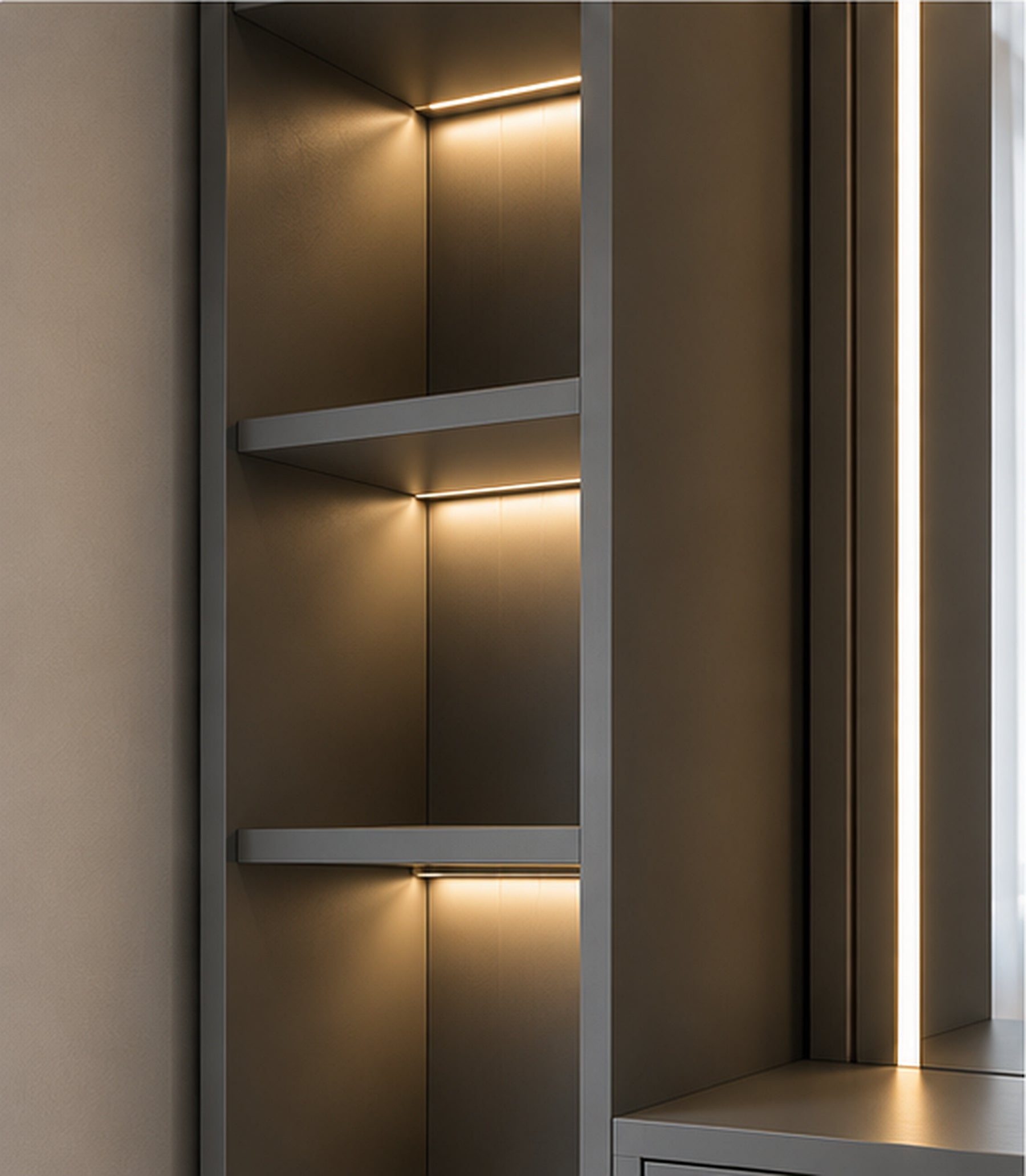 Veyra Frame Vanity Wall illuminated dark grey display shelving detail by Z Galleria