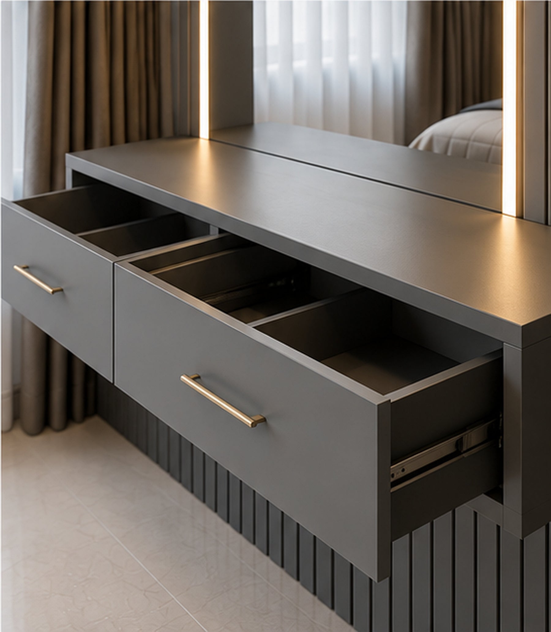 Veyra Frame Vanity Wall dark grey floating drawer and interior storage detail by Z Galleria