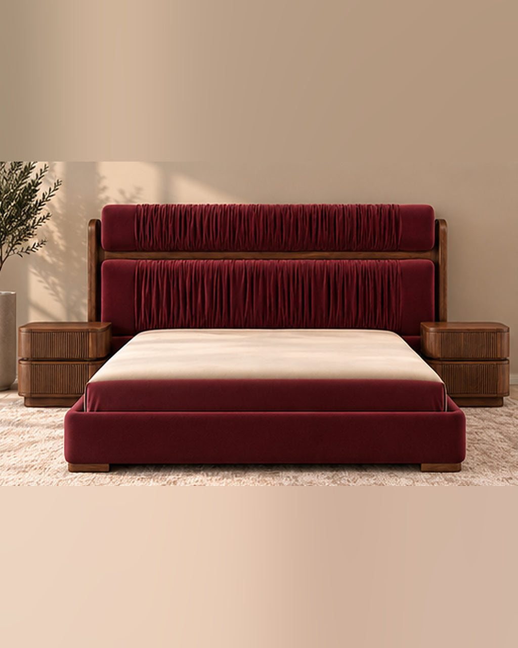 Veyra Ruche Bed Set deep burgundy premium velvet upholstery, full frontal view with matching solid wood bedside tables