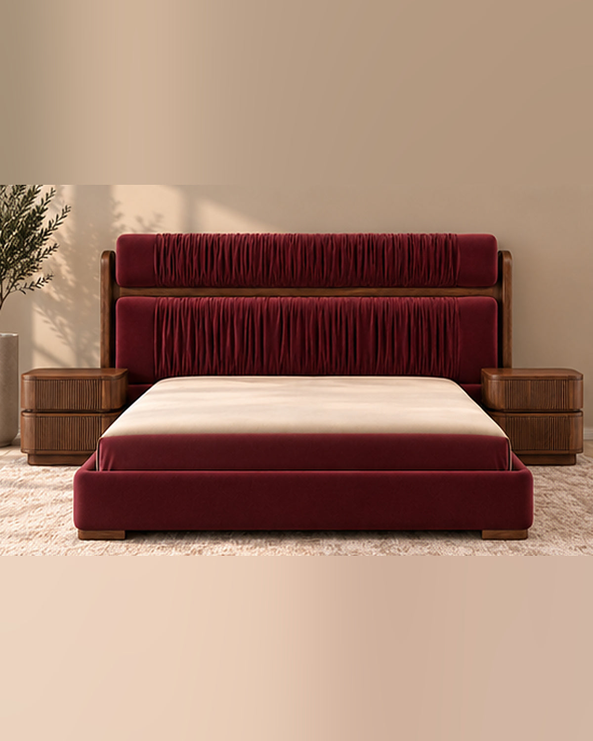 Veyra Ruche Bed Set deep burgundy premium velvet upholstery, full frontal view with matching solid wood bedside tables