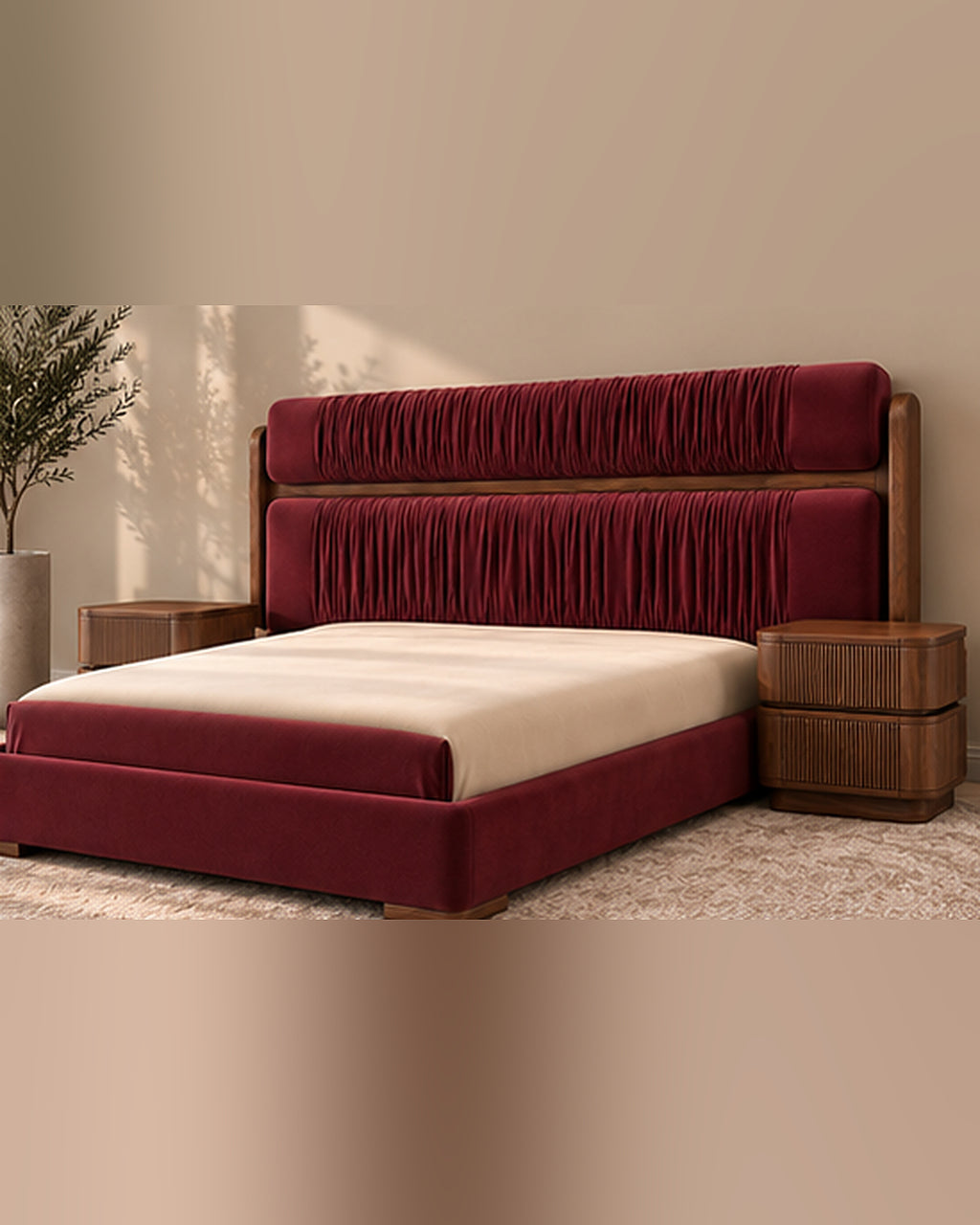 Veyra Ruche Bed Set burgundy velvet upholstered frame, angled room view and solid wood bedside tables
