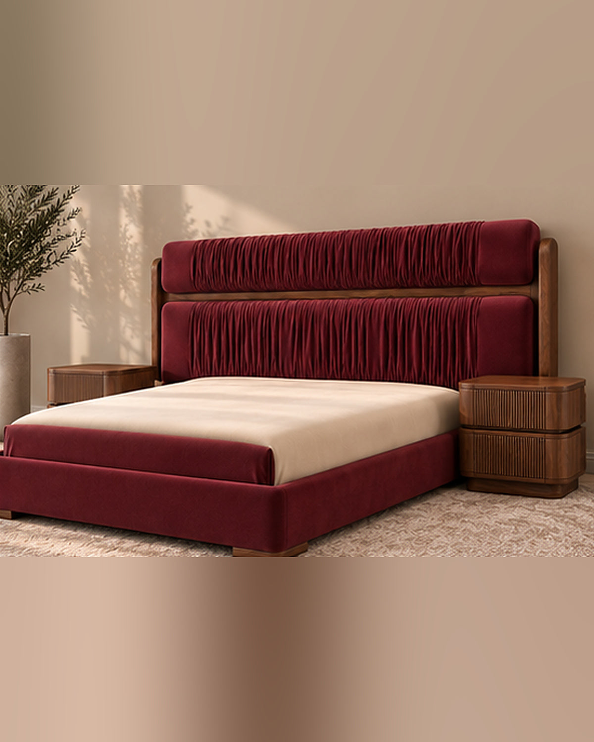 Veyra Ruche Bed Set burgundy velvet upholstered frame, angled room view and solid wood bedside tables