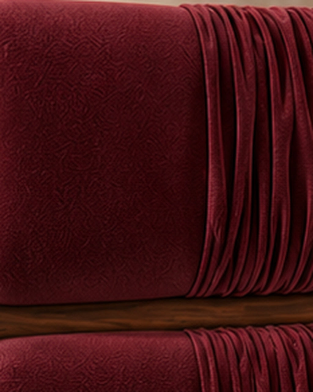 Veyra Ruche burgundy velvet ruched gathered headboard upholstery and walnut wood frame, closeup