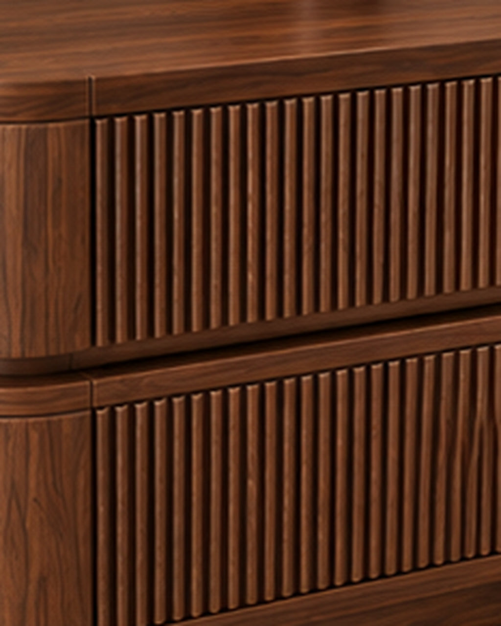 Veyra Ruche burgundy variant solid walnut wood bedside table with fluted drawer fronts, material closeup