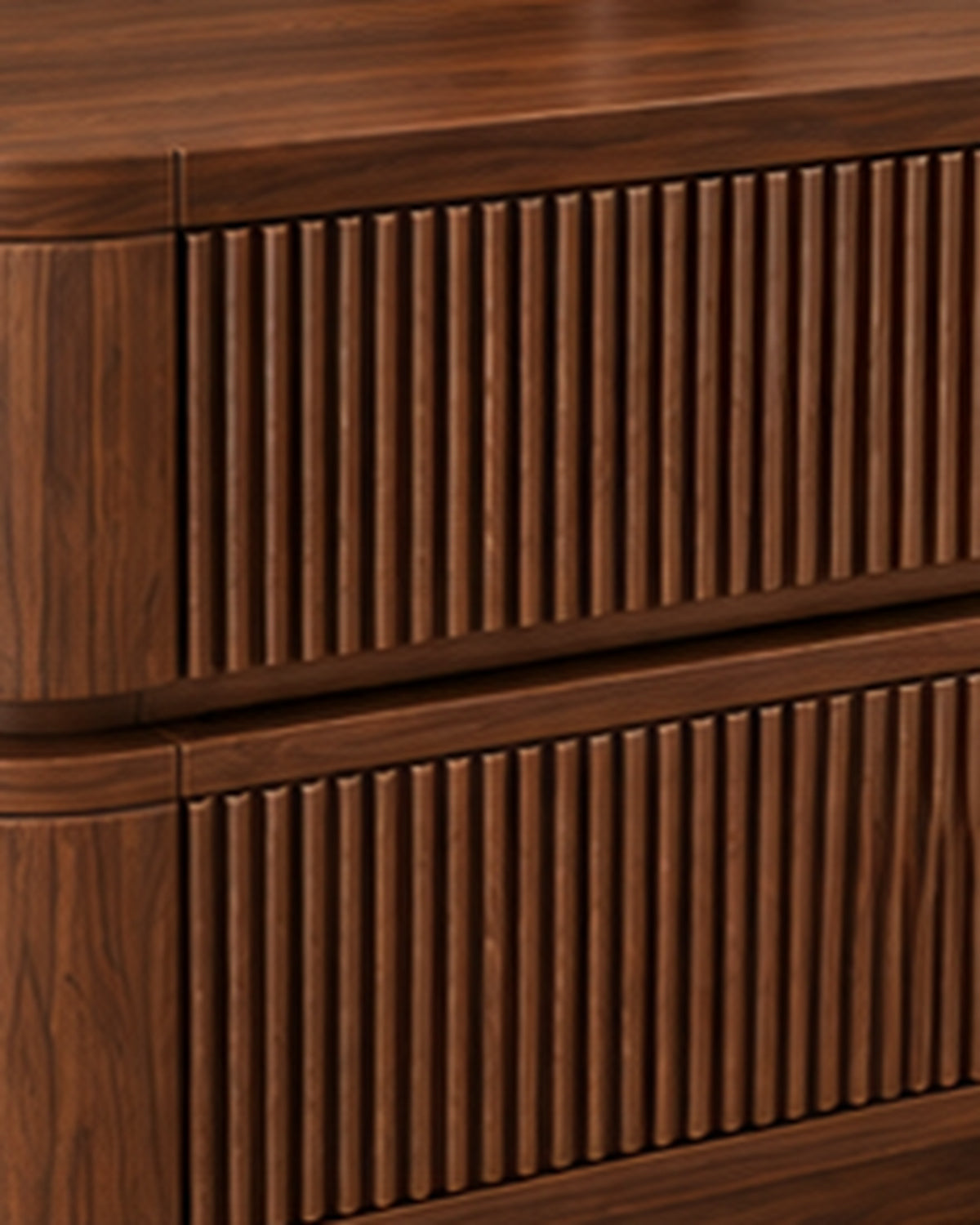 Veyra Ruche burgundy variant solid walnut wood bedside table with fluted drawer fronts, material closeup