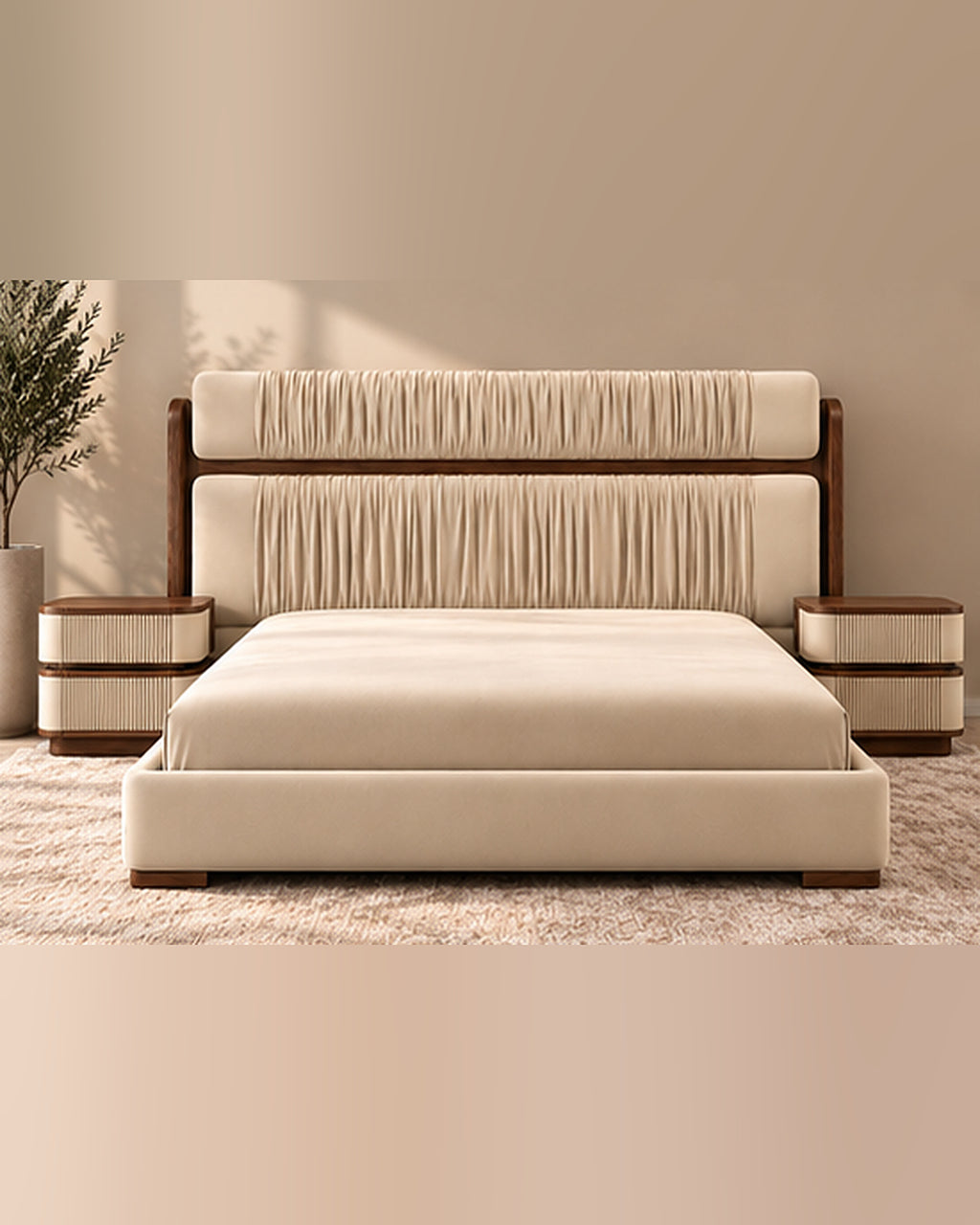 Veyra Ruche Bed Set ivory premium velvet upholstery, full frontal view and matching solid wood bedside tables