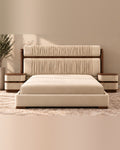 Veyra Ruche Bed Set ivory premium velvet upholstery, full frontal view and matching solid wood bedside tables