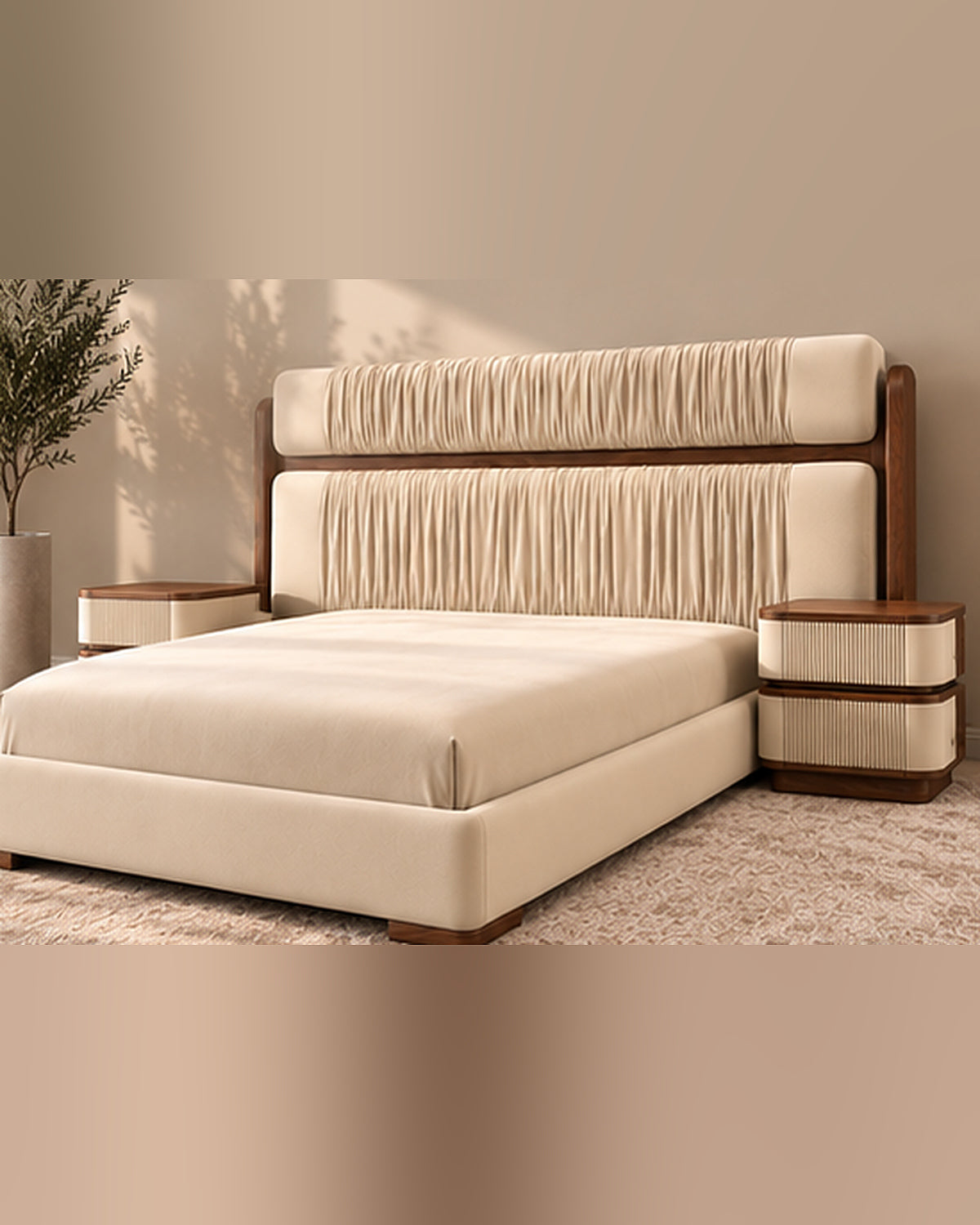 Veyra Ruche Bed Set ivory velvet upholstery, three quarter angled view showing solid wood frame and nightstands