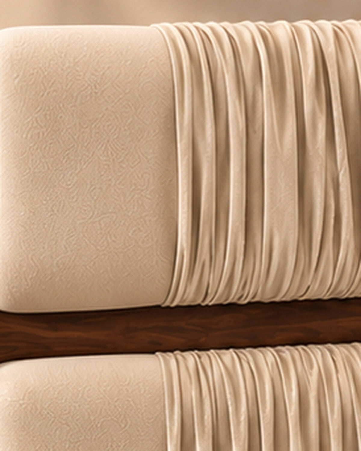 Veyra Ruche ivory velvet ruched gathered headboard upholstery with solid wood trim, closeup