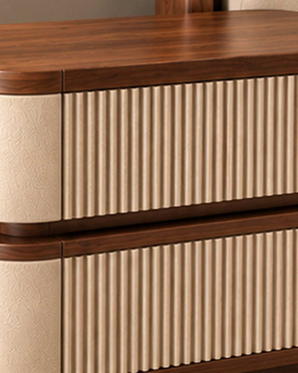 Veyra Ruche ivory and walnut solid wood bedside table with fluted drawer fronts, material closeup