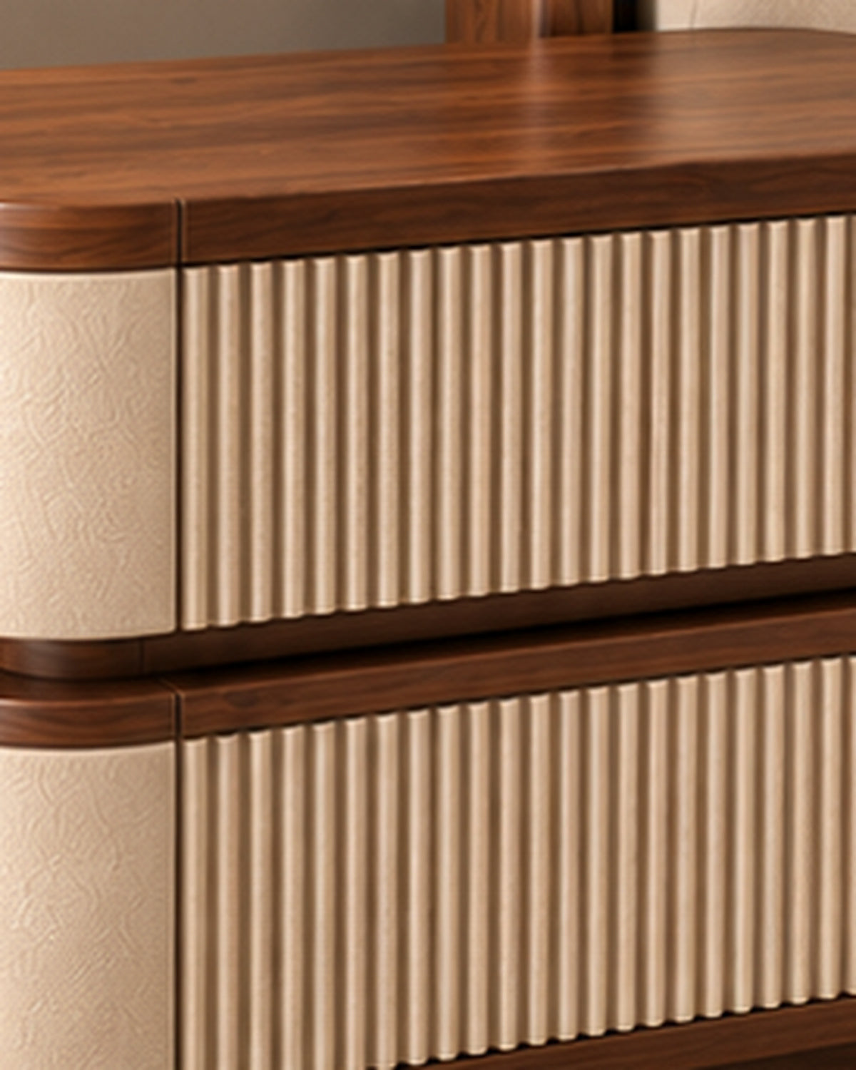 Veyra Ruche ivory and walnut solid wood bedside table with fluted drawer fronts, material closeup
