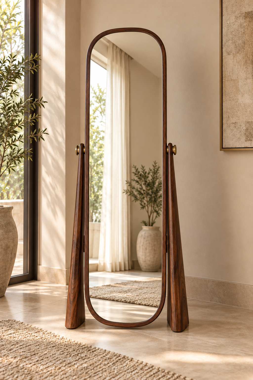 Walnut Cheval full-length floor mirror in solid wood - straight front view