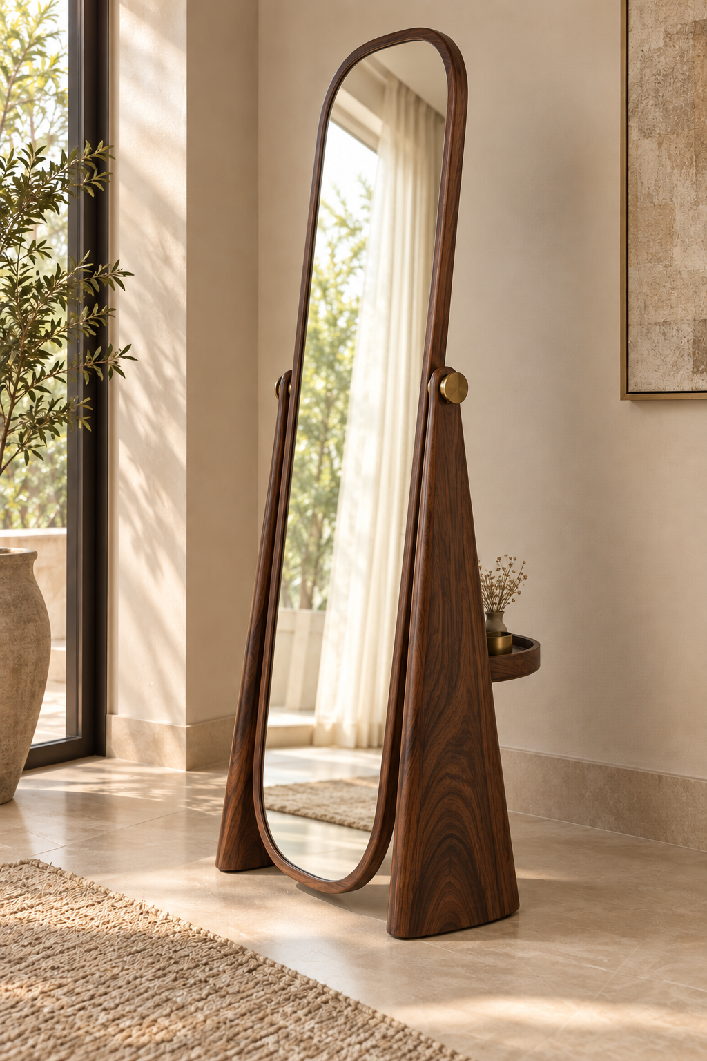 Walnut Cheval floor mirror in solid wood - side angled view with brass pivot detail