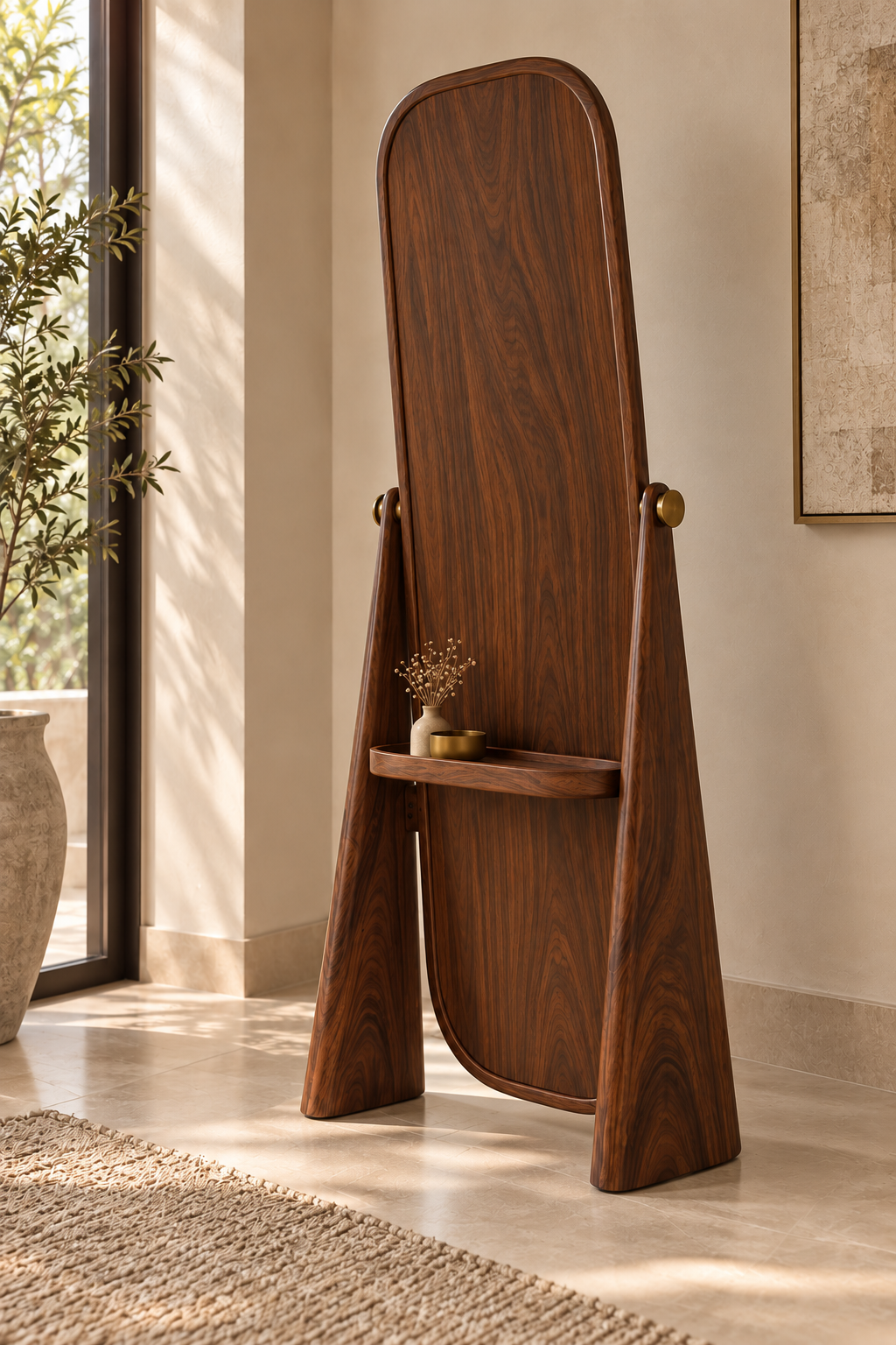 Walnut Cheval floor mirror in solid wood - rear view with integrated shelf detail