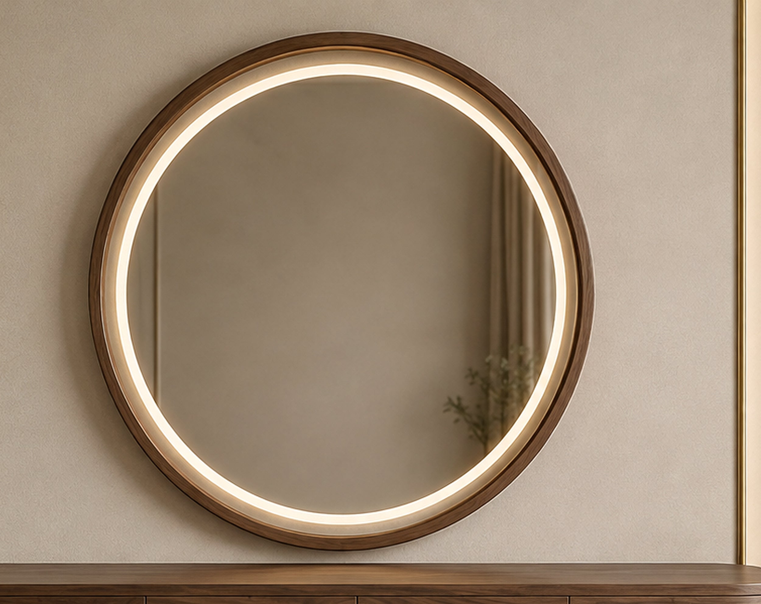 Orbit Sculptural Vanity Console circular LED mirror detail with warm ambient lighting