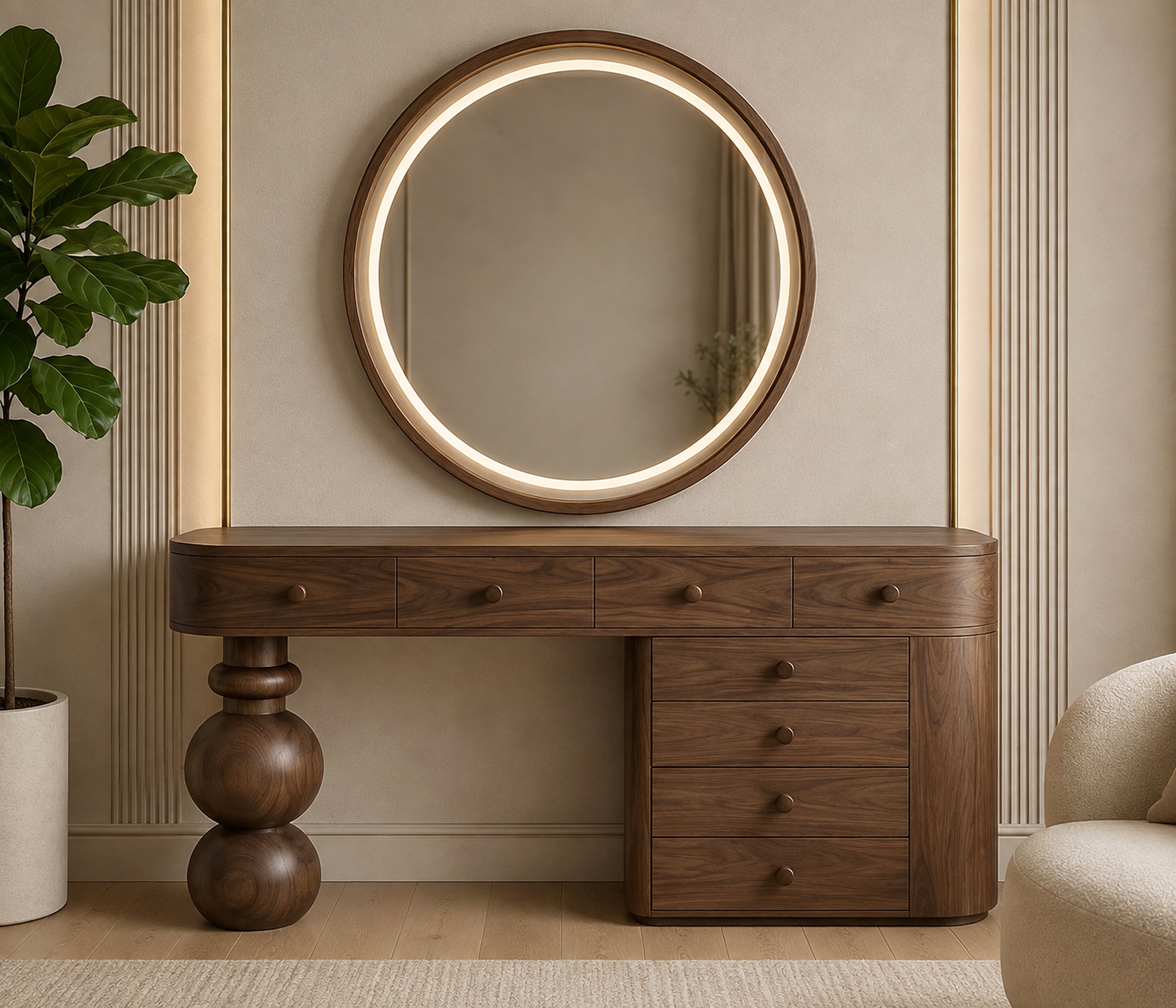 Orbit Sculptural Vanity Console with circular illuminated mirror and sculptural wood pedestal by Z Galleria
