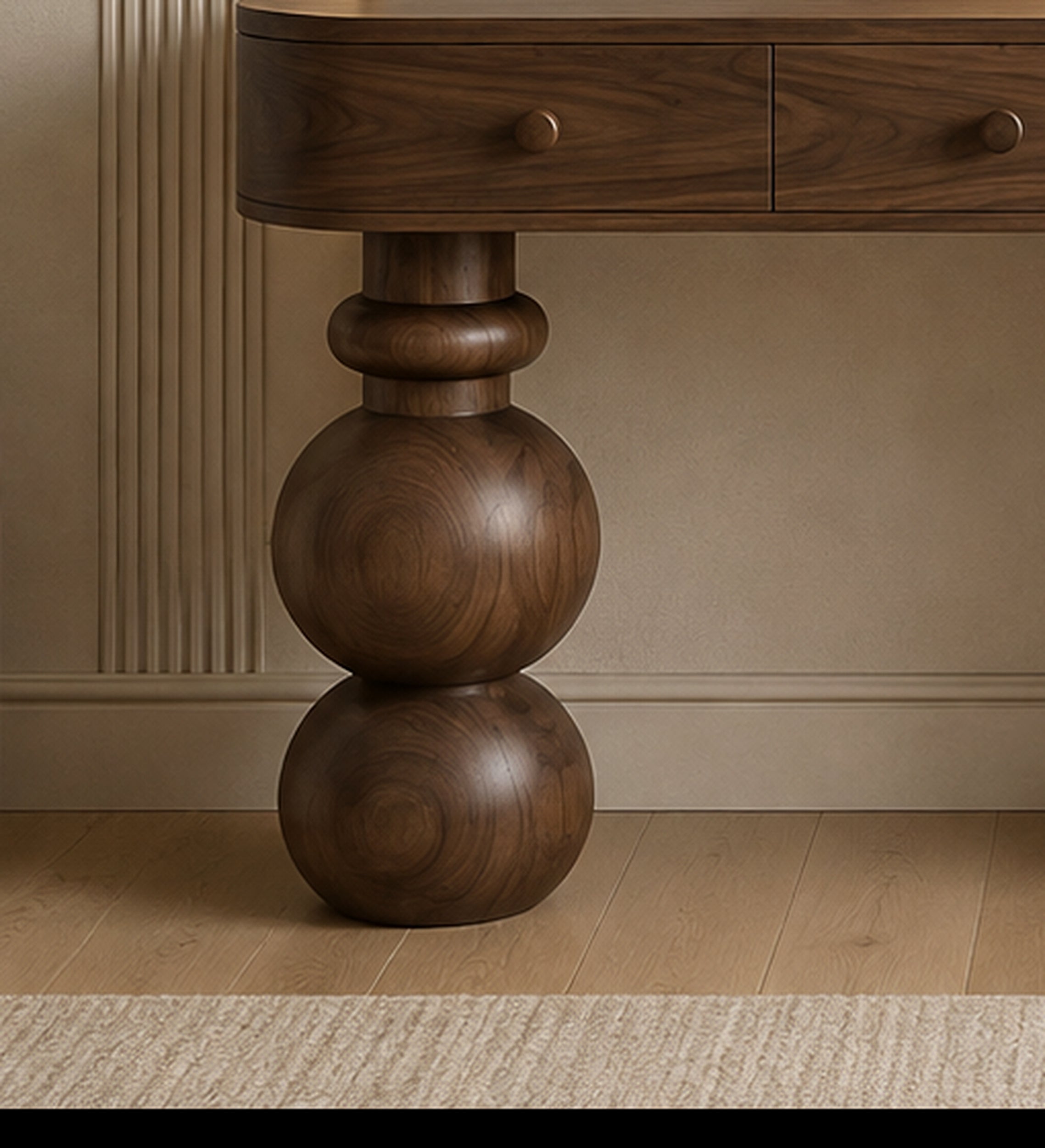 Orbit Sculptural Vanity Console turned solid wood pedestal detail