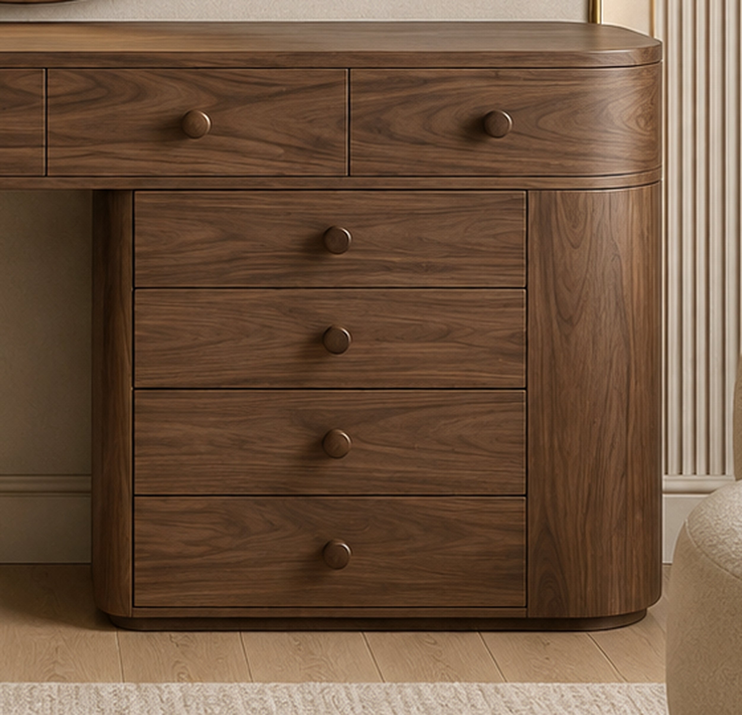 Orbit Sculptural Vanity Console integrated storage drawer detail with rounded profile